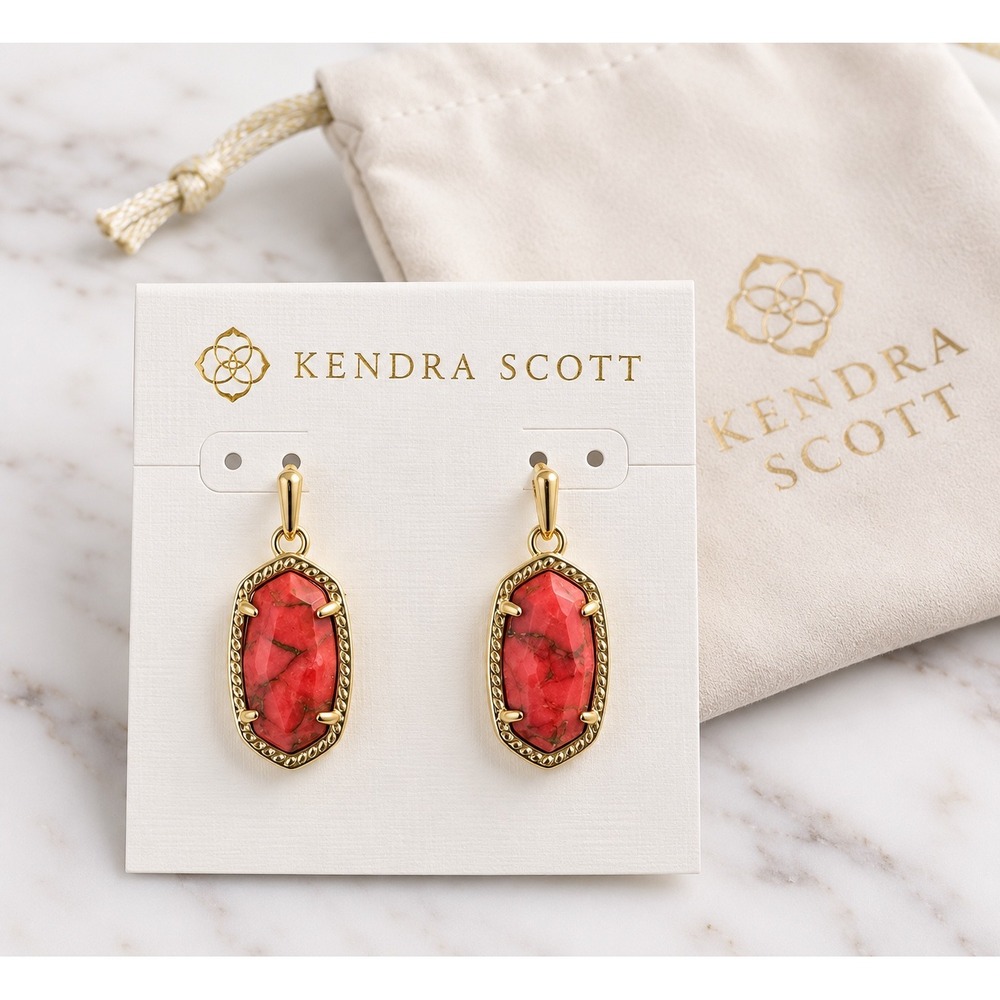 Kendra Scott Lee Drop Gold Earrings with Red Veined Stone / NWT in Dustbag